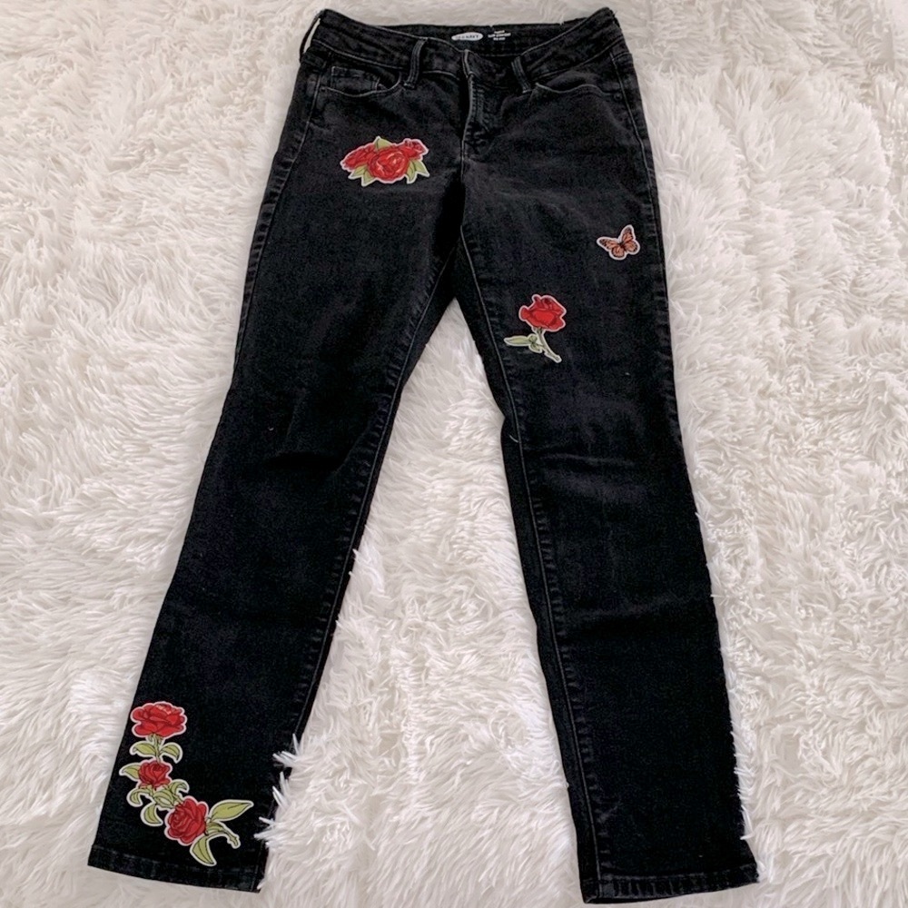 Old Navy Black Straight Leg Jeans with Red Floral Embroidery